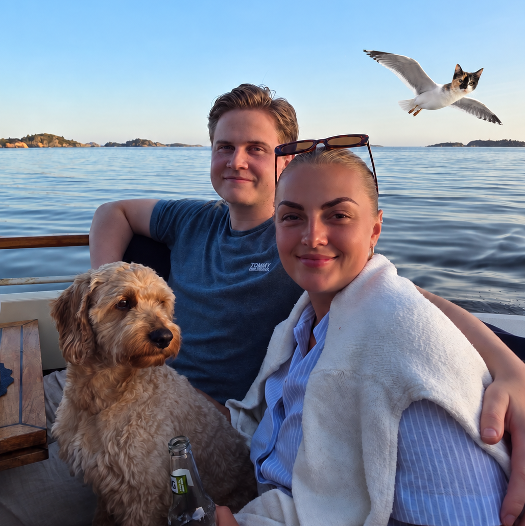 Amund og Marianne på båttur med hunden, og katten som ei måse ved sida av dei
